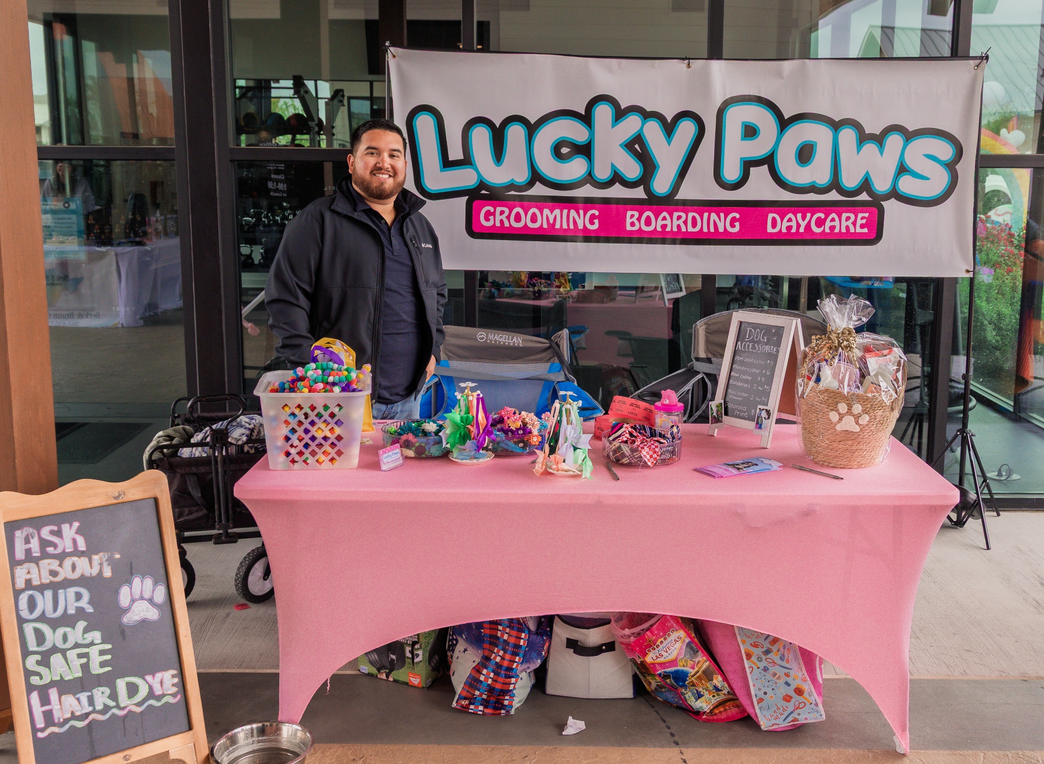 Lucky Paws representative at a branded vendor booth