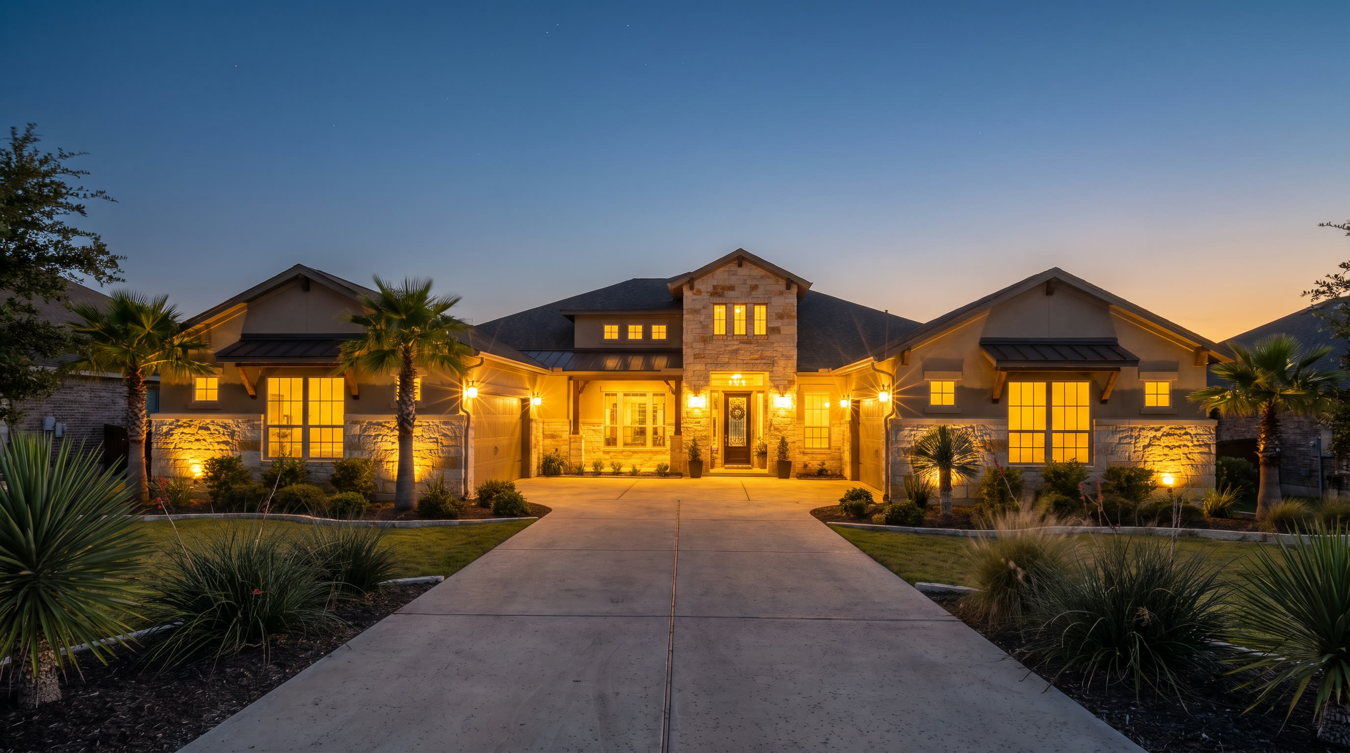 Twilight exterior photo of a luxury San Antonio home with warm glowing windows and dusk sky, showcasing Axis Visual Productions' signature twilight image enhancement