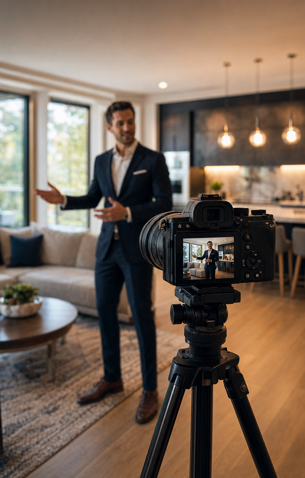Real estate agent being filmed while presenting a luxury home