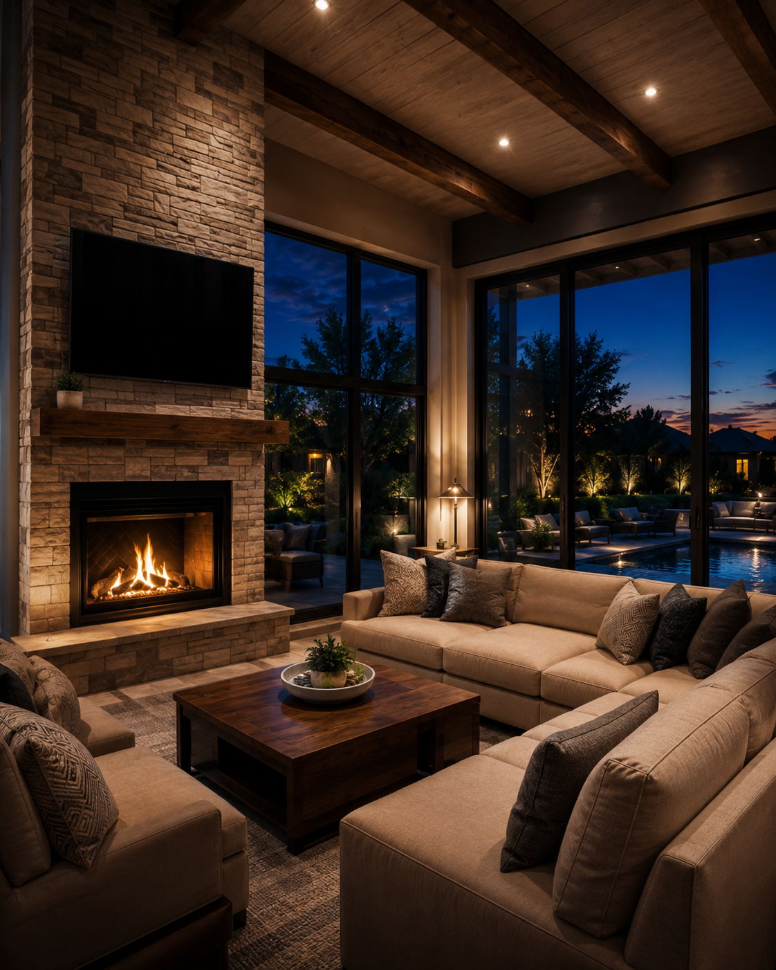 Luxury living room presented in a cinematic real estate style